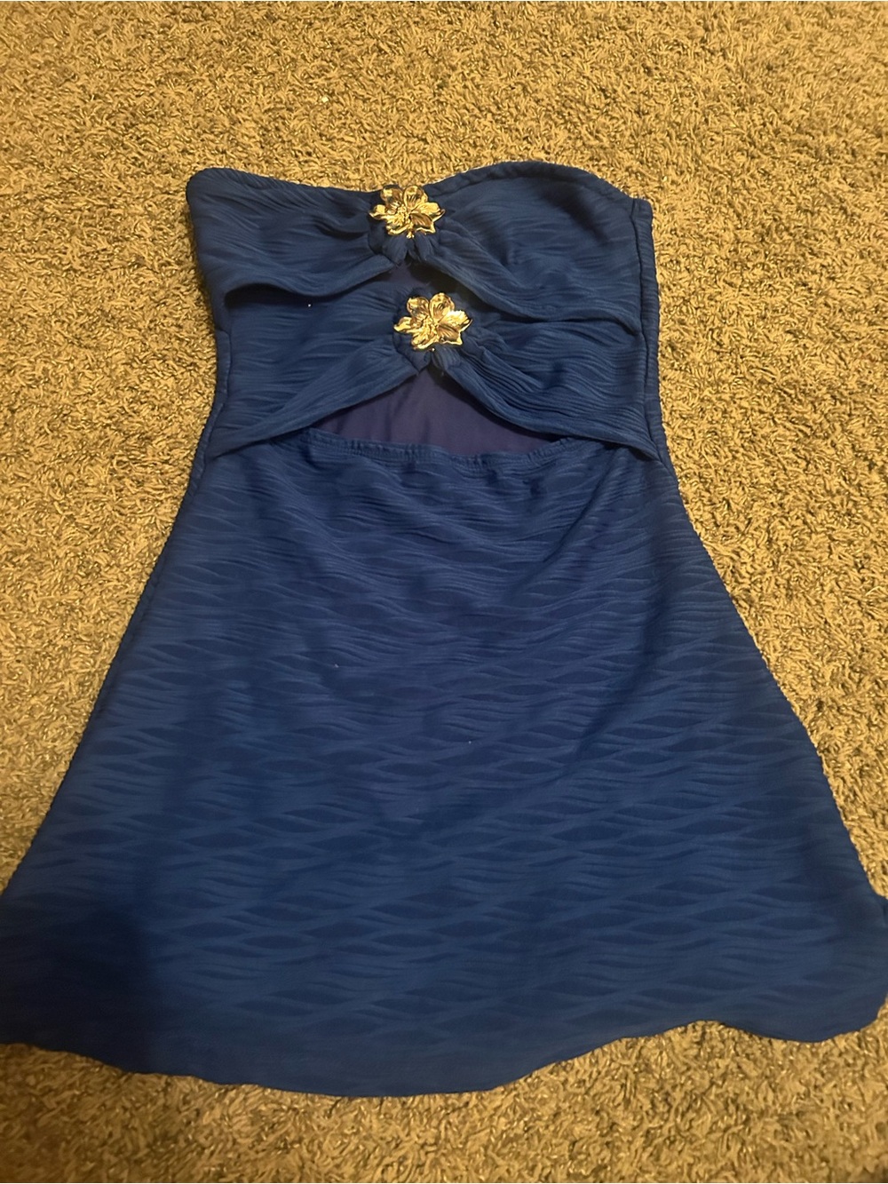 SHEIN Navy Blue Strapless Dress with Gold Embellishments